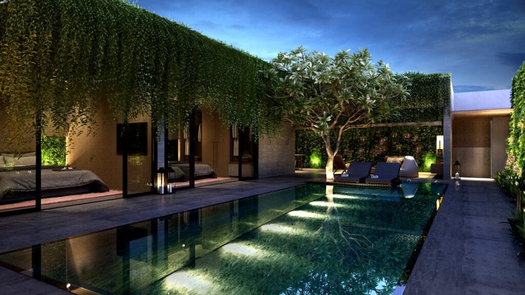 Chic outdoor pool area with lush greenery and modern architecture in a serene setting.